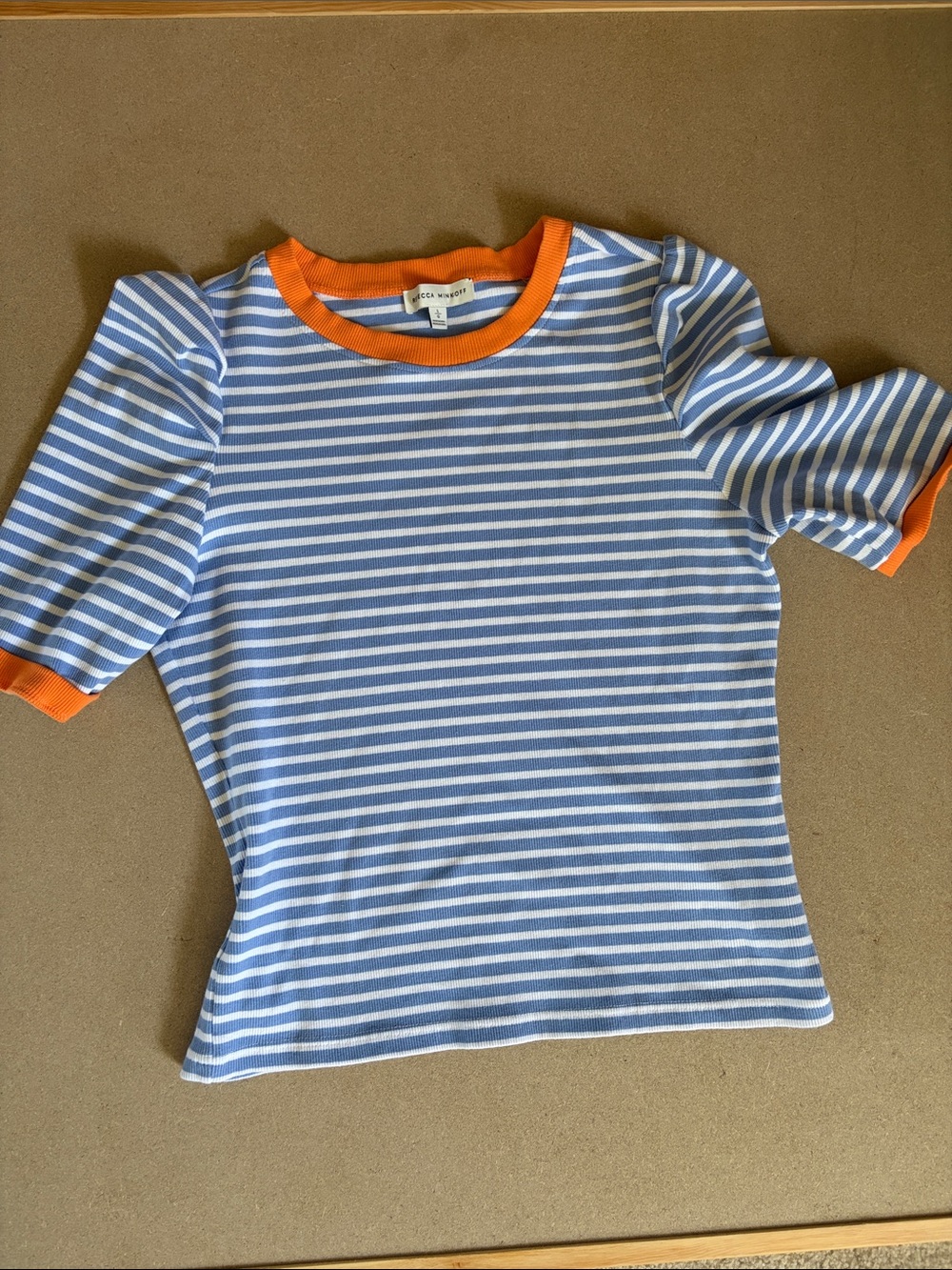 Rebecca Minkoff Blue & White Striped Short Sleeve Tee with Orange Trim